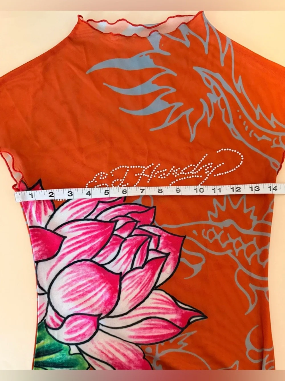 Ed Hardy Lotus Dragon Rhinestone Mesh Cover Up Mini Dress - Orange Combo - Picture 10 of 10